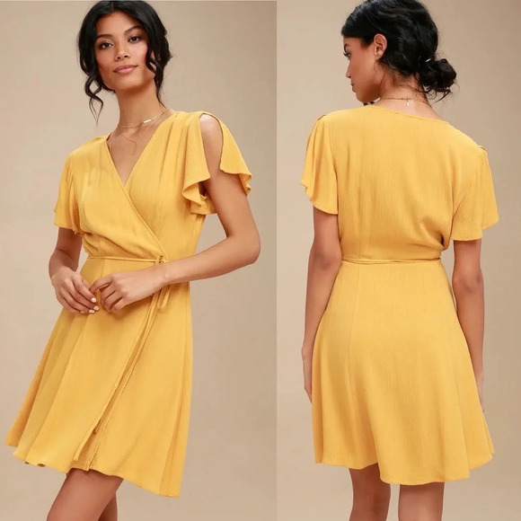 ✨NWT Lulus Mustard Yellow Harbor Point Mini Wrap Dress Size Medium - Picture 1 of 11